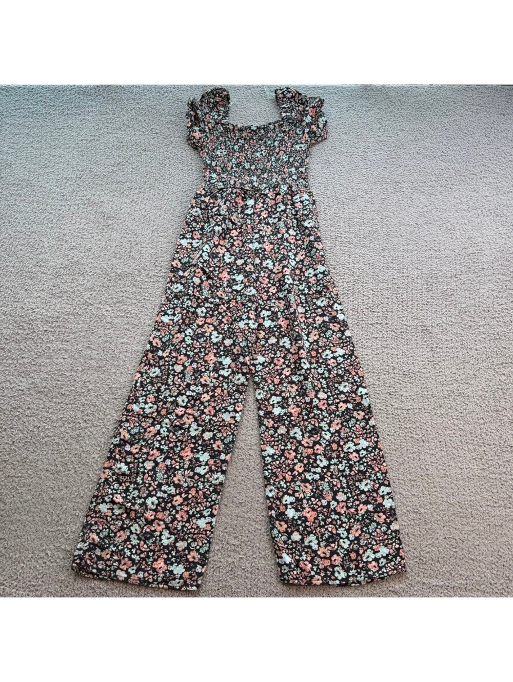 Art Class Girls Size M (8) Black Floral Smocked Puff Sleeve Wide Leg Jumpsuit